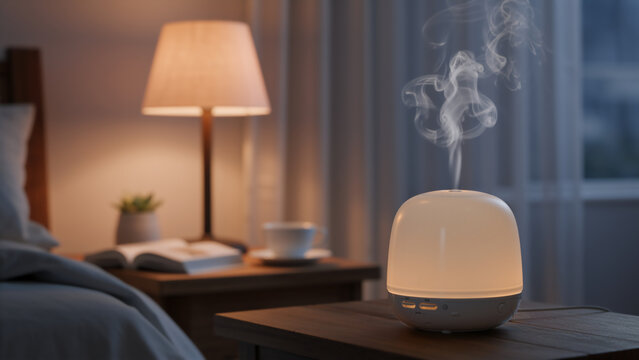 Essential oil diffuser on a bedside table. Aromatherapy device emitting steam in a bedroom at night