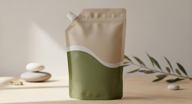 Eco friendly refill pouch for liquid soap or cosmetic product on a wooden surface with stones