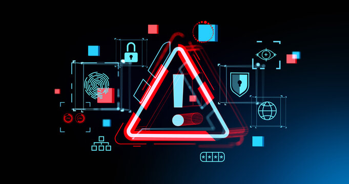Digital warning sign with security icons shown in neon drawing style on dark background as a concept of cyber danger 3D Rendering