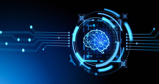 Glowing digital brain with circuit lines in futuristic graphic style on dark background showing technology concept, presented as 3D Rendering