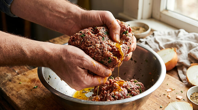 Man squeezing meat mixture on kitchen table with hands