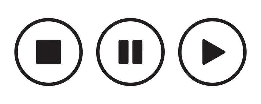Stop pause play button icons set isolated on transparent background for multimedia user interface design.