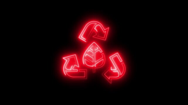 Recycling symbol made of glowing red neon lines forming a circular arrow pattern with a leaf in the center on black background