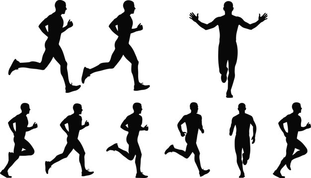 Silhouette collection of male runner poses showing jogging sprint stride motion victory finish vector illustration icons for sports design