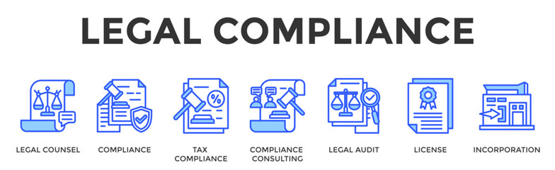 Fototapeta premium Legal Compliance Banner Web Icon Set Collection Pack Vector Illustration Concept Containing Legal Counsel, Compliance, Tax Compliance, Compliance Consulting, Legal Audit, License, Incorporation