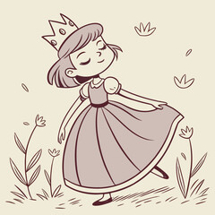A cartoon princess in a dress and crown dancing in a field of flowers © Ameen
