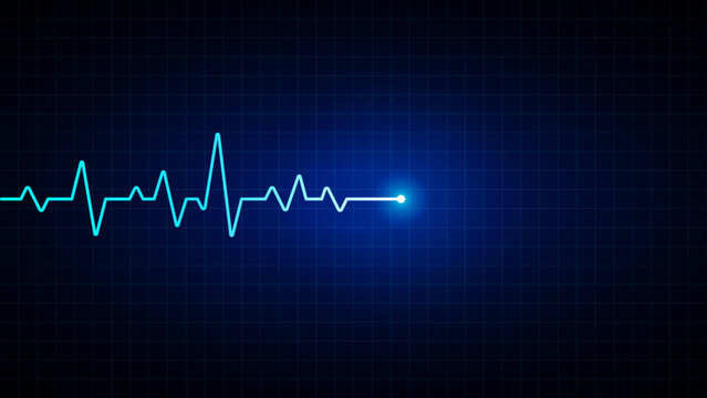 Electrocardiogram line, EKG heartbeat rhythm display on a medical monitor, illuminated by blue neon light against a dark grid, representing a health concept.