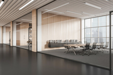 Fototapeta premium Modern office interior with glass meeting room, contemporary architecture style on bright corporate background showing concept of workspace efficiency, 3D Rendering