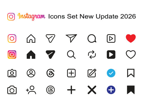 Instagram social media app interface icons set new update 2026. Including Instagram logo, sign, button, navigation, communication, profile, heart, camera, home, search, bookmark, plus with UI elements