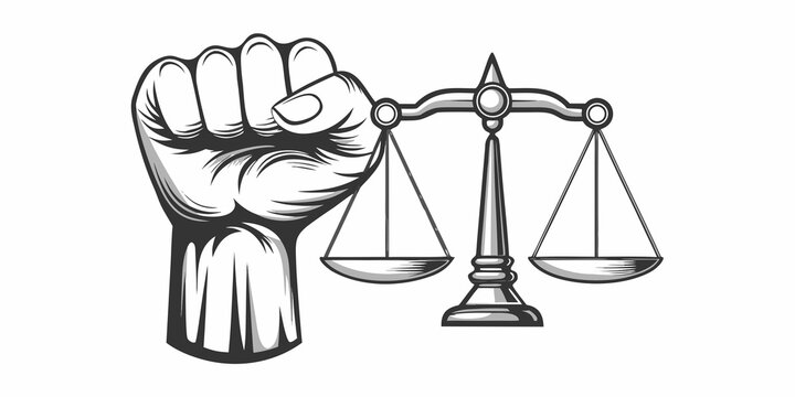 scales of justice held by a clenched fist