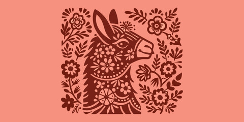 llama head silhouette with floral pattern on pink background © Hridoy