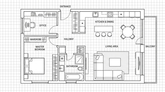 Architectural floor plan drawing of a modern apartment layout.