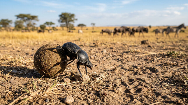 Dung beetle on the ground in African savanna, Tanzania.
