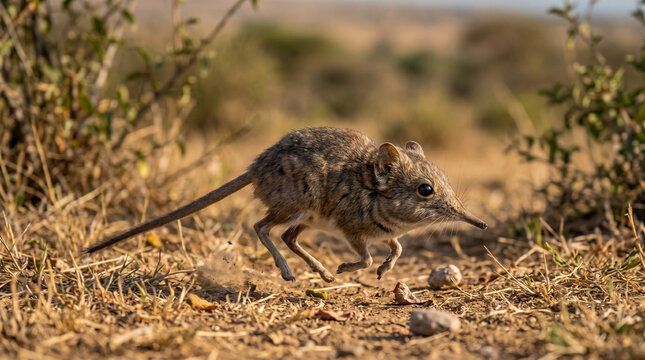 Close up of Elephant Mouse or elephant shrew or jumping mouse running in natural habitat, African savanna, Tanzania.
