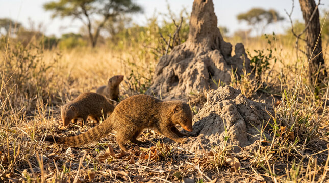 Common Dwarf Mongoose (Helogale parvula) seeking food  in African savanna, South Africa.
