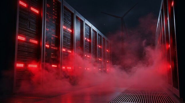 Server room with glowing red lights and smoke, representing data security, technology infrastructure, and potential cyber threats.