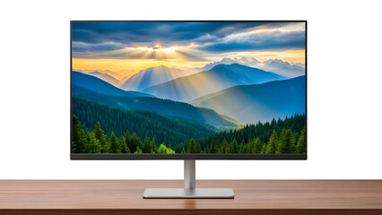 Fototapeta premium A serene mountain landscape with sunbeams shining through clouds on a monitor screen on a wooden desk