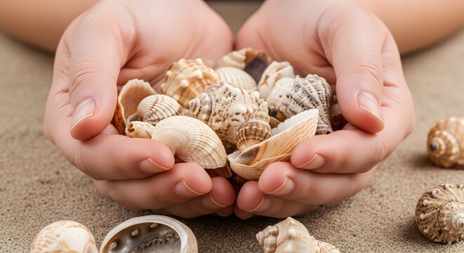 A close-up view of cupped hands gently holding a collection of diverse seashells, evoking a sense of beachcombing and natural beauty.