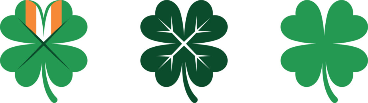 Shamrock and Clover Icons Set Featuring Irish Symbol Designs for St. Patrick&rsquo;s Day, Luck, and Seasonal Celebrations