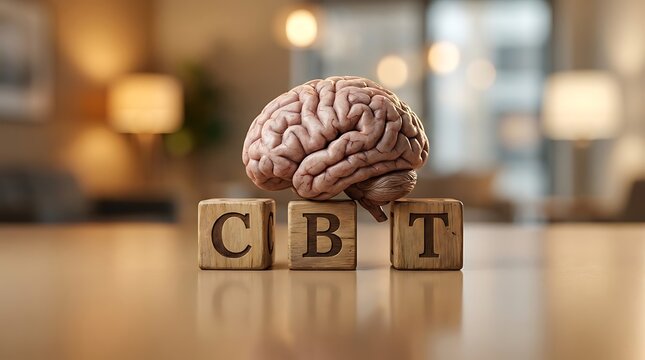 Cognitive Behavioral Therapy Concept: Human Brain Model Resting on Wooden Blocks Spelling CBT on a Table
