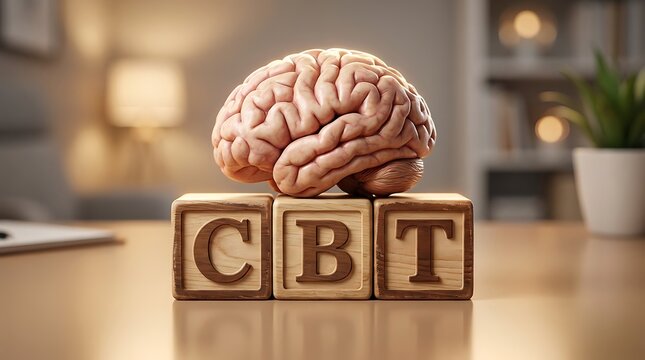 Cognitive Behavioral Therapy Concept Represented by a Human Brain Model Resting on Wooden Blocks Spelling CBT in an Office Setting