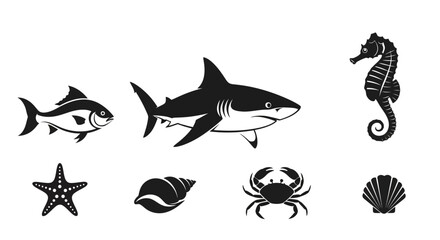 Collection of black sea life icons and marine animal silhouettes. © Four
