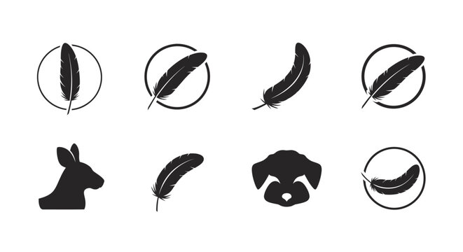 Collection of feather and animal silhouette vector icons and logos