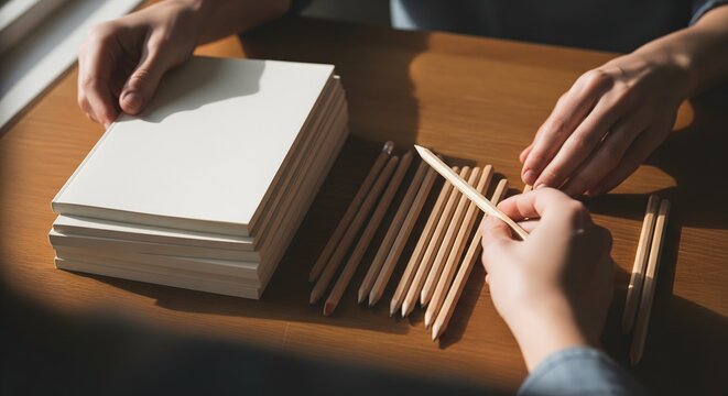 A person's hands arrange a stack of blank white cards and wooden pencils on a warm, sunlit wooden table, suggesting creative work or thoughtful preparation.