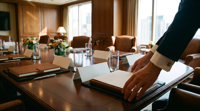 Executive boardroom table, hands placing leather folder and name cards, preparation for corporate conference, luxury office interior, corporate business