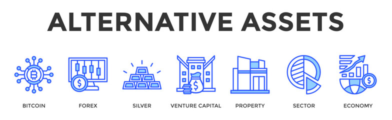 Naklejka premium Alternative Assets Banner Web Icon Set Collection Pack Vector Illustration Concept Containing Bitcoin, Forex, Silver, Venture Capital, Property, Sector, Economy