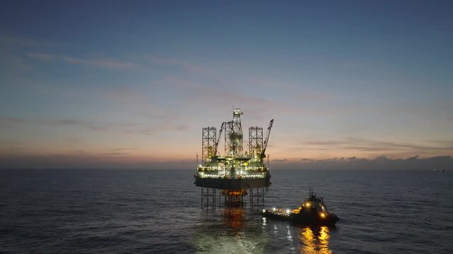 Aerial top view of offshore jack up rig and offshore platform during sunset for oil and gas exploration and production. 