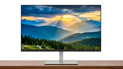 Fototapeta premium A computer monitor displays a serene mountain landscape with trees at sunset.