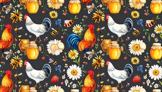 Watercolor illustration with roosters, bees, honey jars, honeycomb, flowers and berries on a dark background, creating a repeat pattern