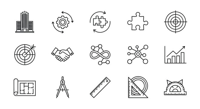 set of business and architecture icons black line drawings on white background