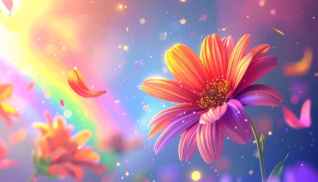 Vibrant pink flower with rainbow background.