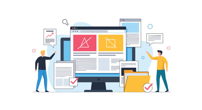 Marketing team conducts an A/B split testing analysis on a website layout to optimize user conversion and digital performance.