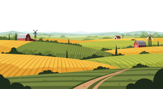 Peaceful rural farm landscape with red barns and windmills