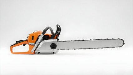 Naklejka premium A chainsaw with orange and black handles sits on a white surface.