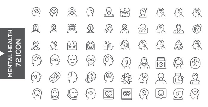 Mental Health Icons: A comprehensive set of 72 meticulously crafted icons symbolizing mental well-being, designed to represent various aspects of the human mind and its connection to health. 