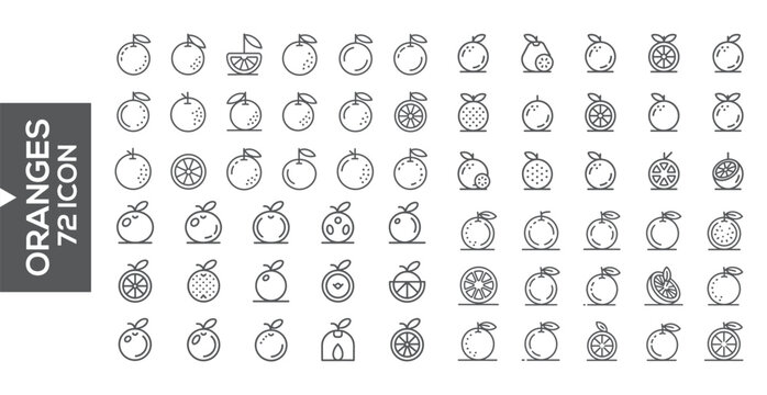 Orange Icon Collection: An extensive array of orange icons is artistically arranged, perfect for enhancing design projects. They offer a simple yet appealing aesthetic and functional visual element. 