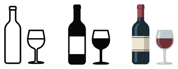 Obraz premium Wine, bottle and glass icon set with elegant drink symbols for beverage menu and bar design, vector illustration collection.