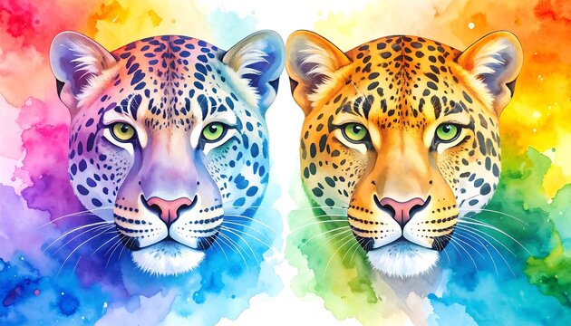 Watercolor-style illustration showcasing two leopard faces, one vibrant in rainbow hues, the other in warm orange tones, against a bright white background