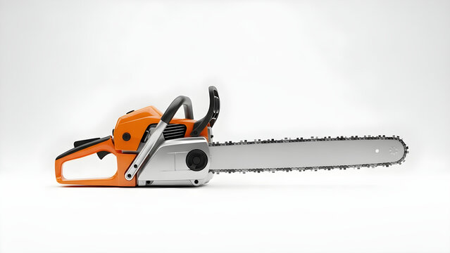 A chainsaw with an orange and black handle lies on a clean surface.