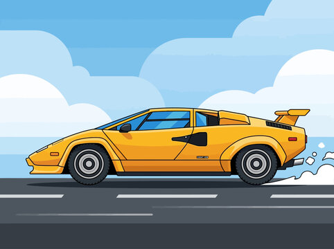 Retro Yellow Supercar Vector Illustration - 80s Style Classic Sports Car Driving on Highway with Blue Sky and Clouds - Flat Graphic Design