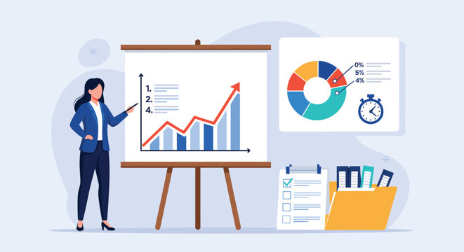 Professional businesswoman presenting data analysis and growth charts on a whiteboard during a corporate meeting or seminar.