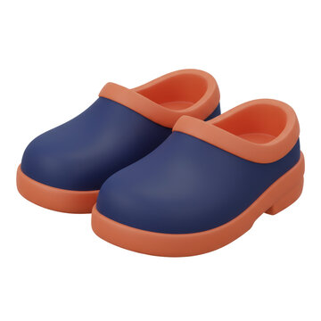 3D rendering of a pair of blue and orange rubber clog sandals with a smooth texture, Isolated on transparent background