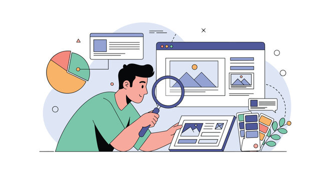 Creative graphic designer analyzing web page layouts and color palettes using a magnifying glass to ensure high quality design.