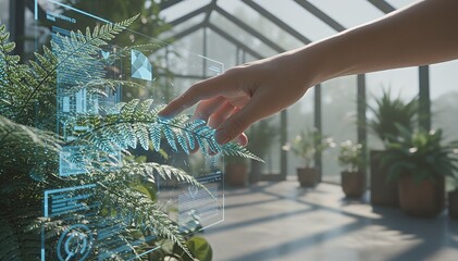 Fototapeta premium Sustainable Future: Person Interacting with Bioluminescent Plant Bio-Interface in Smart Garden