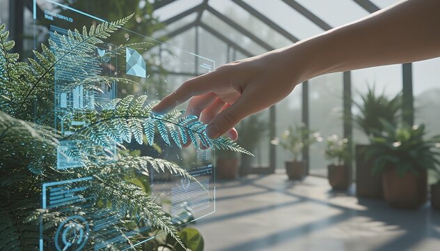 Sustainable Future: Person Interacting with Bioluminescent Plant Bio-Interface in Smart Garden