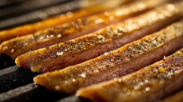 Carne asada grill perfectly seasoned beef strips with glistening oil and crystalline salt on professional restaurant grill grates